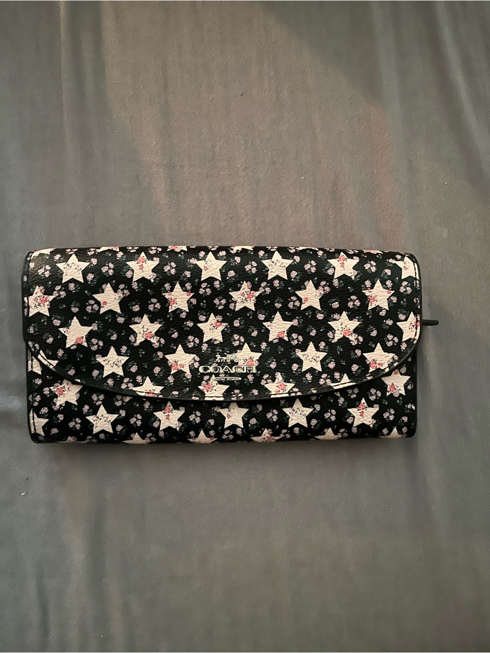 Coach Black Leather Foldover Wallet with White Star Print